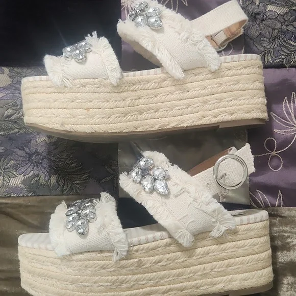 Zara Trafaluc Frayed Rhinestone Platform Sandals - Picture 5 of 8